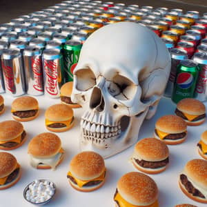 Contrast of Life and Death: Human Skull Amid Unwholesome Food