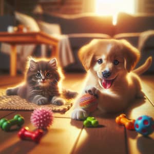 Happy Kitten and Puppy Playing with Their Favorite Toys