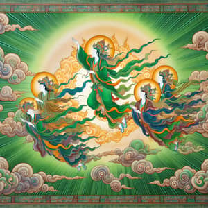 Dunhuang Style Heavenly Beings Art | Green Clouds & Ribbons