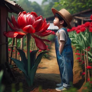 Asian Boy in Countryside Backyard Mesmerized by Giant Tulip Plant