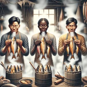 Diverse Individuals Smoking Fresh Sole Fish in Rustic Kitchen