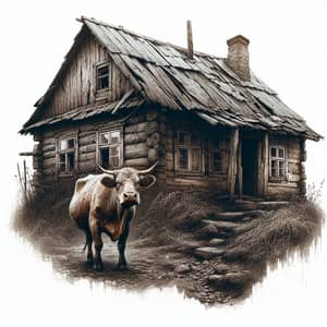 Struggle and Survival Depicted: Worn-Out House Beside Old Cow