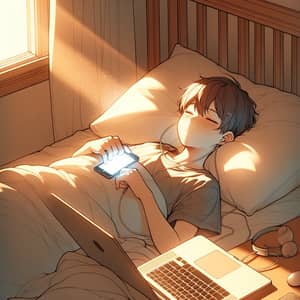 Peaceful East Asian Boy Sleeping with Technology