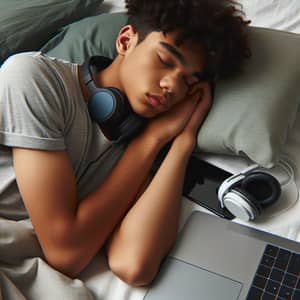 Teenage Boy Sleeping with Laptop and Phone