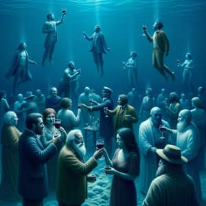 Diverse Underwater Gathering: Surreal Melancholy Scene