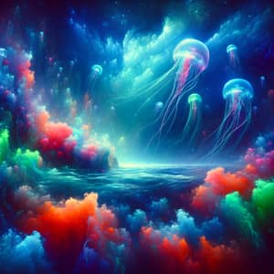 Surreal Underwater Landscape with Neon Jellyfish