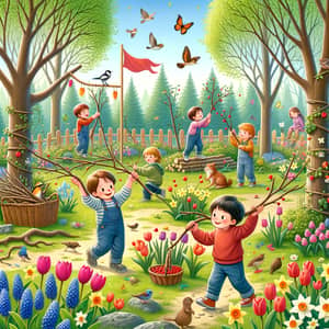 Enchanting Forest Playground with Spring Flowers and Playful Students