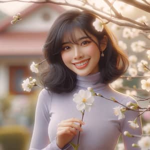 Cheerful Asian Woman with Cherry Blossom in High-Res Portrait