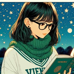 Young Asian Girl Reading Hardcover Book in 70s Anime Style