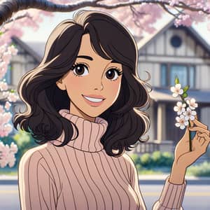 Smiling Young Woman in Pink Turtleneck with Cherry Blossom | Vintage Anime Style