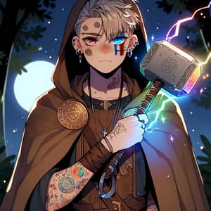 Anime-Style Norse Mythology Teenager with Tattoos and Mjolnir