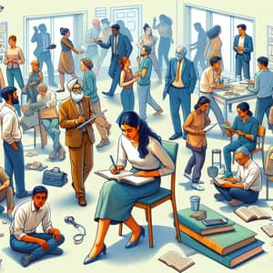 Social Psychology Illustration: Diverse Interactions in a Room