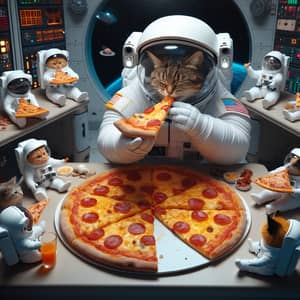 Space Pizza Party: Cat Astronaut and Friends Enjoying Pizza in Spaceship
