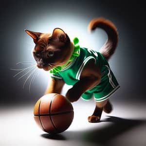 Playful Chocolate Burmese Cat Dribbling Basketball | Sports Photography