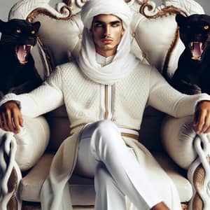 Captivating Young Eastern Man on Plush Throne with Panther Guards