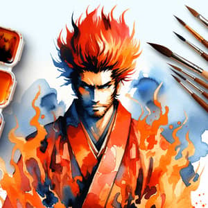Fiery Samurai Warrior Watercolor Painting