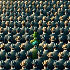 Synchronized Crowd in Suits with Green Hat | Formal Event Attire