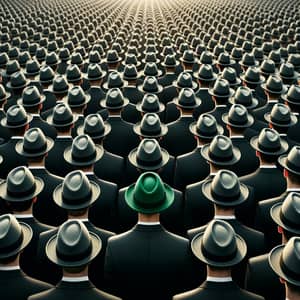 Synchronized Crowd in Suits with Unique Green Hat Character