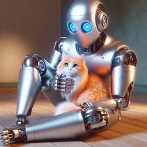 Metallic Robot Holding Orange Cat | Serene Room Setting