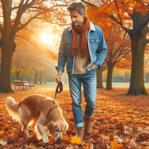 Fall Park Stroll: Man & Golden Retriever Enjoying Autumn