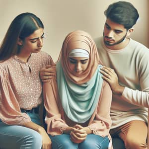 Diverse Support: Man Standing, Women Consoling Sitting Woman