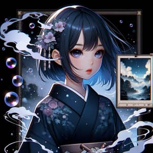 Beautiful Anime Girl in Dark Blue Kimono - Ethereal Smoke Effect