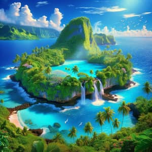 Tranquil Island Paradise - Azure Sky, Tropical Vegetation & Waterfall
