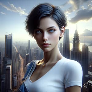 Young Woman with Blue Eyes in Cityscape | 8K Resolution Artwork