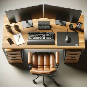 Neatly Arranged Oak Computer Desk with Dual Monitors & Gaming Mouse Pad