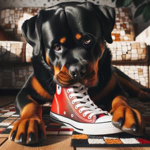 Playful Rottweiler Dog Chewing on Colorful Jordan Sneakers
