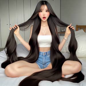 Fair Asian Teen Girl with Long Black Hair | Trendy Outfit