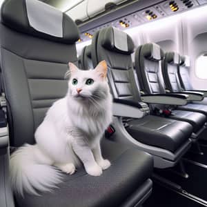 White Cat Relaxing on Airplane | Modern Interior View