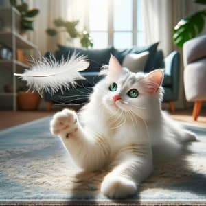 Fluffy White Cat Playing with Feather | Sunlit Cozy Room