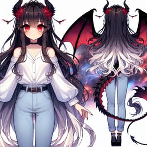 Anime Girl with White Hair and Demon Features | Red Galaxy Background