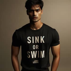 Contemplative South Asian Man in 'Sink or Swim' Black T-Shirt