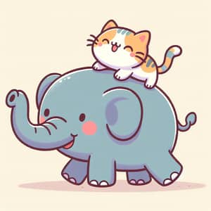 Adorable Elephant Carrying Cat: Joyful Cartoon Illustration