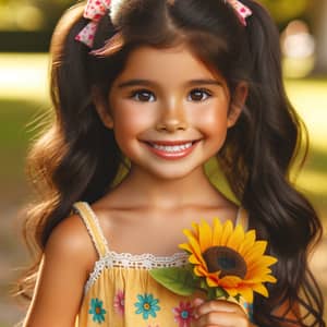 Smiling Hispanic Girl in Yellow Sundress with Sunflower