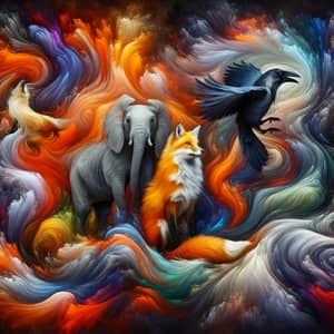 Abstract Animals Art: Elephant, Fox, Raven in Swirling Colors