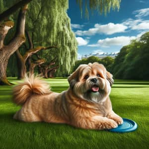 Chubby Cute Dog Lounging in Lush Park Environment