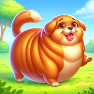 Cheerful Fat Dog in Golden Fur: Heartwarming Scene in Grassy Yard