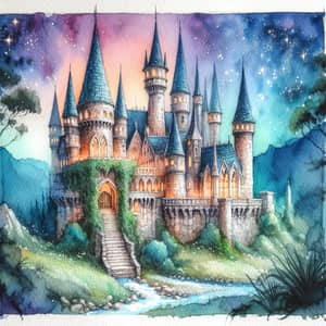 Watercolor Magical Castle Twilight Scene