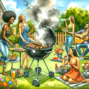 Vibrant Outdoor BBQ Watercolor Painting
