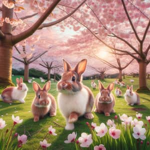 Rabbits Frolicking in Sakura Flower Field