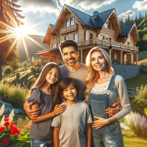 Happy Multicultural Family in Front of Wooden Country House