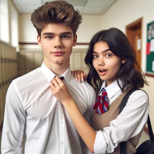 High School Teenagers Hispanic Girl Holding Boy's Collar