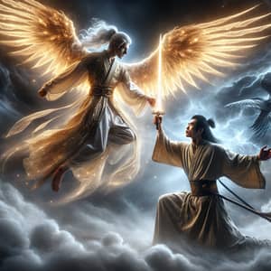 Epic Battle: Angel vs. Warrior in Celestial Realm