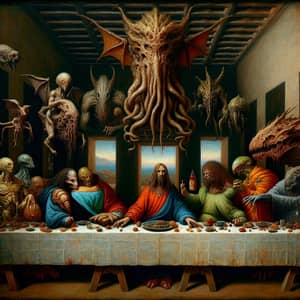 Renaissance-inspired Cthulhu Mythos Oil Painting Depicting Eerie Dinner Scene