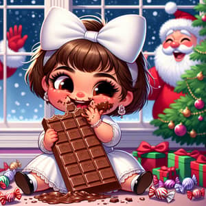 Adorable Hispanic Girl Biting Chocolate Bar at Christmas Tree