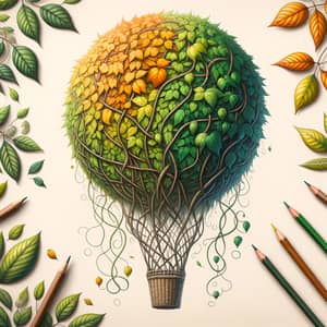 Autumn-themed Tree Leaf Hot Air Balloon | Hand-drawn Illustration