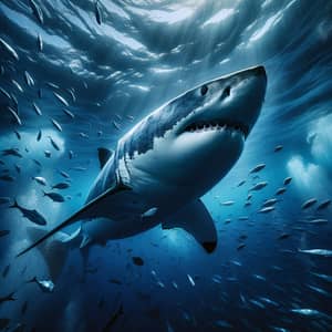 Powerful Great White Shark in the Deep Blue Ocean